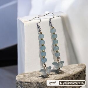Elegant Silver and Blue Beaded Butterfly Earrings